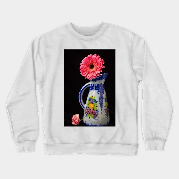 Pink Daisy In Blue Procelain Pitcher Crewneck Sweatshirt by photogarry